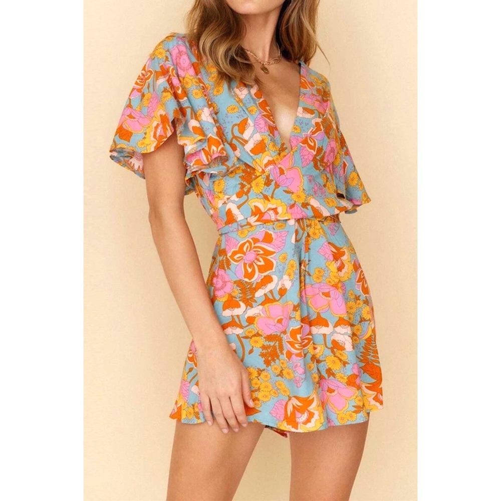 Retro Floral V-Neck Romper Small Blue Orange Pink 70s Style Flutter Sleeves‎ Tie